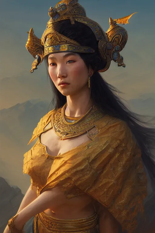 Image similar to goddess of the mongol, highly detailed, digital painting, artstation, concept art, smooth, sharp focus, illustration, unreal engine 5, 8 k, art by artgerm and greg rutkowski and edgar maxence