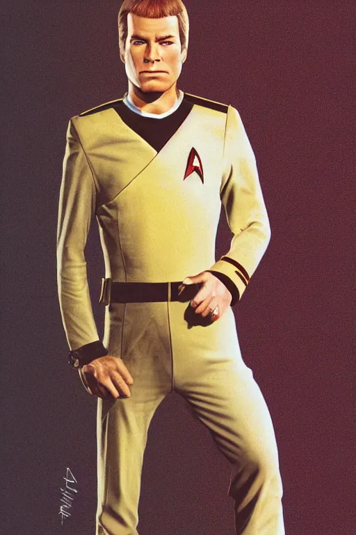 Image similar to full body digital portrait of scrawny captain james t kirk, starfleet uniform, star trek the next generation, sensual, smooth, elegant, sharp focus, highly detailed