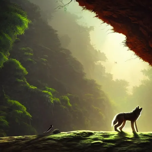 Prompt: scenic cave interior with female wolf saying good bye to male african wolf, evening, african rainforest, hyper realism, very coherent art by artgerm, marquet albert, and studio ghibli, intricate, beautifully detailed line art, high quality, highly coherent, elegant concept art, octane render, volumetric light, dramatic cinematic lighting, slight depth of field, 8 k