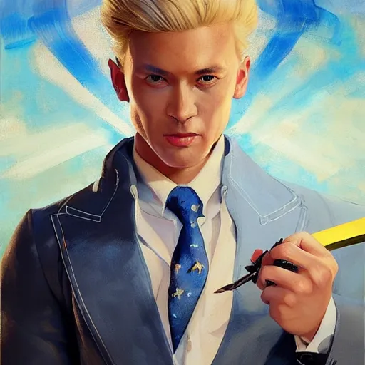 Image similar to artgerm portrait painting of a blond man in a blue suit with a sword and a pistol, asymmetrical, profile picture, organic painting, sunny day, matte painting, bold shapes, hard edges, street art, trending on artstation, by huang guangjian, gil elvgren, ruan jia, randy vargas, greg rutkowski