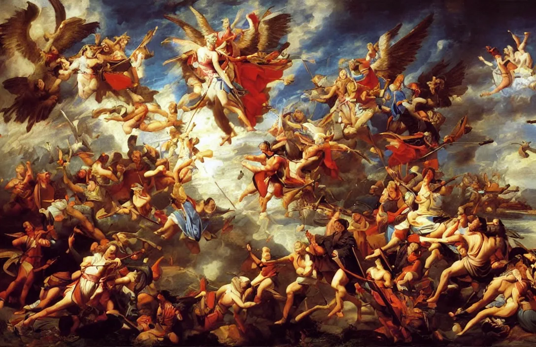 Prompt: expressive painting of the glory in battle of angels and kingdoms, atmospheric light, cinematic composition, detailed scenic view, classicism style painting by john singleton copley, intricate details