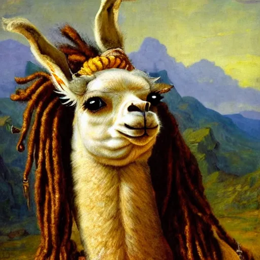 Image similar to detailed baroque portrait of a llama with dreadlocks, realistic creature concept, heroic pose, desert mountain in background, Ilya Repin oil painting, style of Brian Jacques