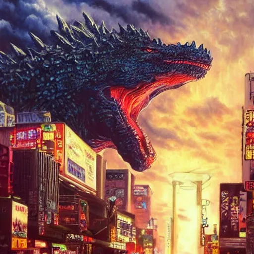 Image similar to a hyper-realistic stunning oil painting of a giant Godzilla monster peacefully coexisting with the people of Neo Tokyo; hyper-detailed!!!; an extraordinary masterpiece!!!; flawless; trending on artstation