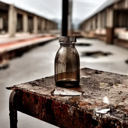 Image similar to bottle of milk, over a rusted metal table inside slaughterhouse