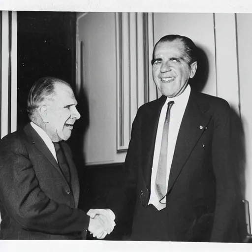 Prompt: Reptilian creature shaking hands with Nixon, photo pic set in 1920s