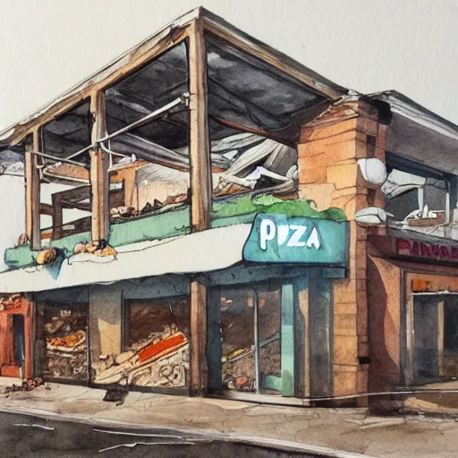 Prompt: watercolour drawing of pizza restaurant crumbling to the ground, beautiful award winning artistic talent, trending on artstation