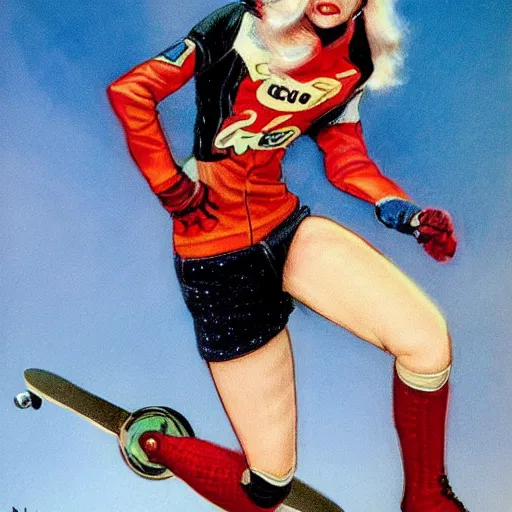 Image similar to Harley Queen as a skater, artwork by Earl Norem,