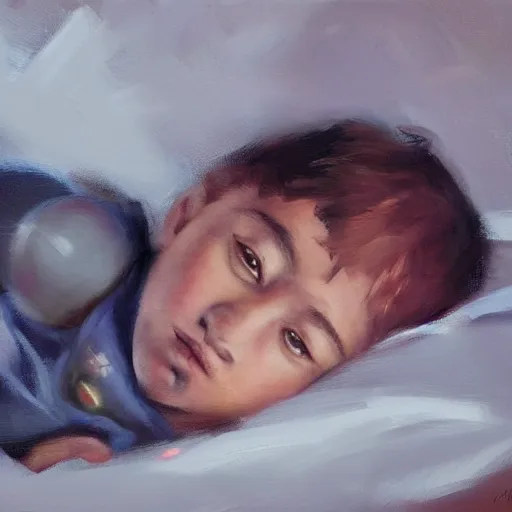 Prompt: oil painting of a boy lying on his bed holding his favourite toys at night, artstation, Detail, HD