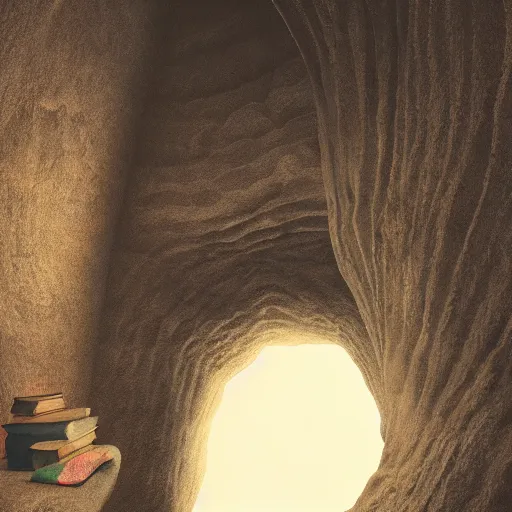 Prompt: books cave, atmospheric, dof, wide angle, very coherent composition, masterpiece, incredible details, highly detailed, photorealistic, disney pixar, warm colours, atmospheric, cozy place, smooth, hole as a window, octane render, iridescent, 8 k