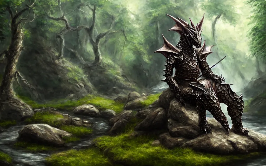 Prompt: One dragon dressed in armor sitting on a rock within a woodland creek, highly detailed, trending on pixiv, realistic oil paint artwork made in 2020.