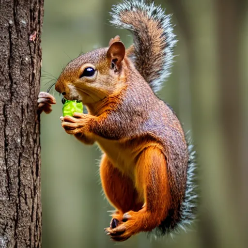 Prompt: a photograph of a Squirrel winces in disgust whilst holding a pepper