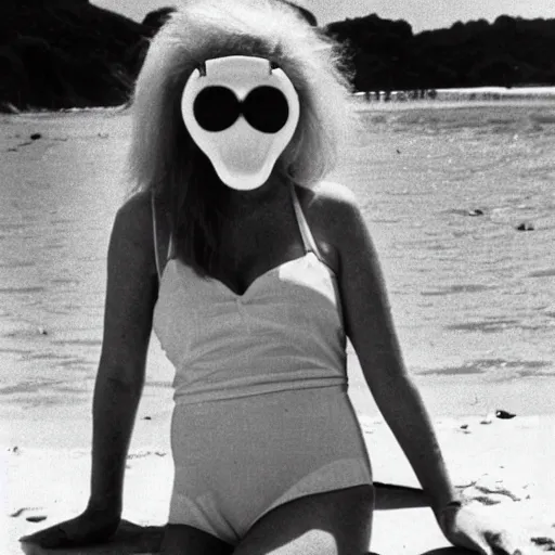 Image similar to 1976 woman wearing a happyprosthetic mask with long snout nose and nostril, soft color wearing a swimsuit at the beach 1976 holding a an inflatable fish color film 16mm Fellini John Waters Russ Meyer Doris Wishman old photo