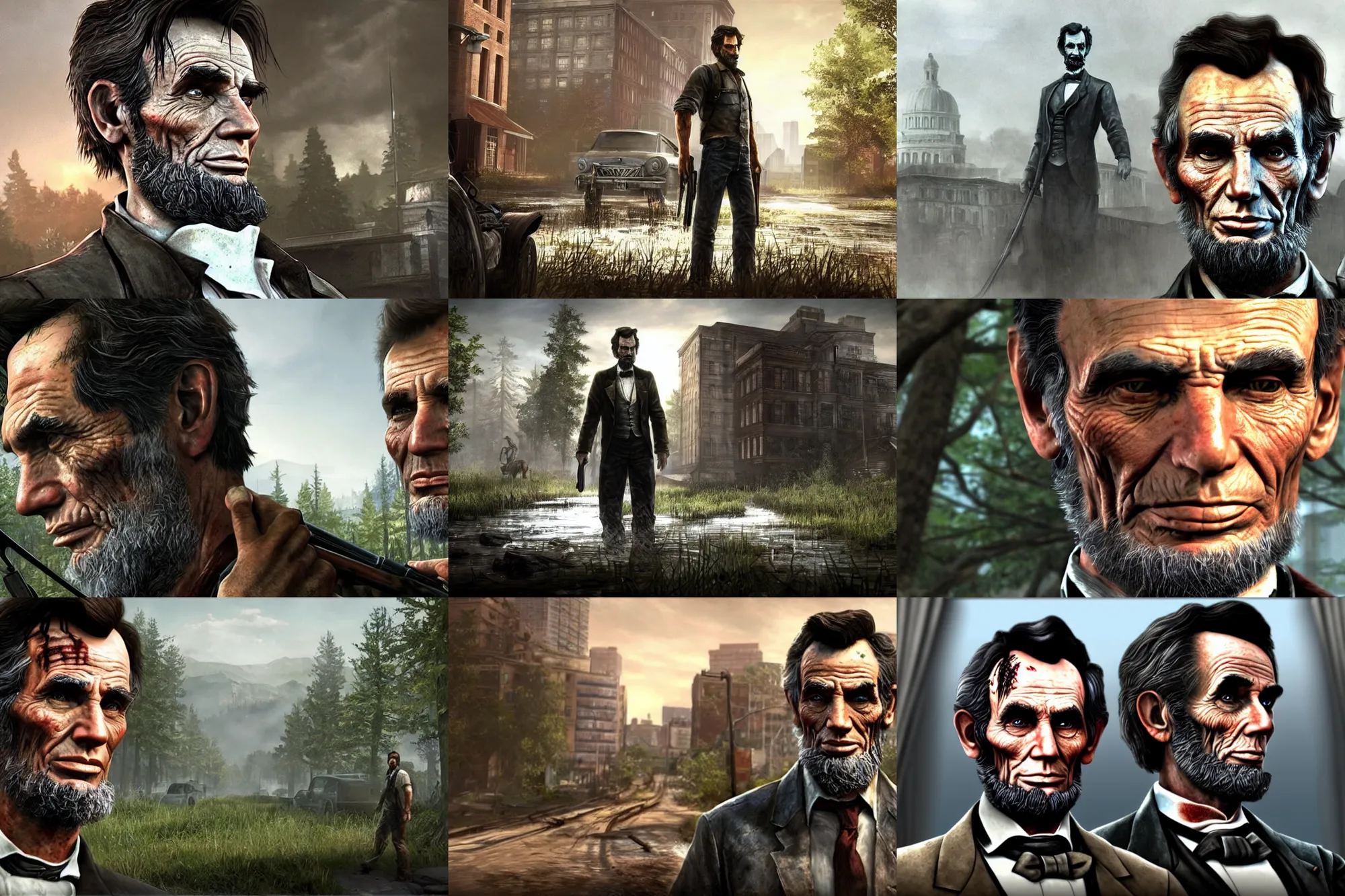 Prompt: a screenshot of abraham lincoln in the video game the last of us. 3 d rendering. unreal engine. amazing likeness. very detailed. cartoon caricature.