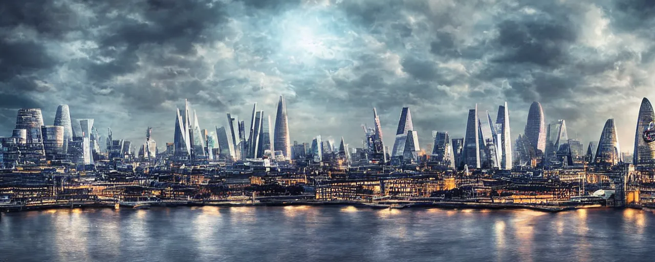 Image similar to epic cinematic artwork landscape of London's skyline in the year 3000, futurism, digital art, masterpiece, 4k, fine art