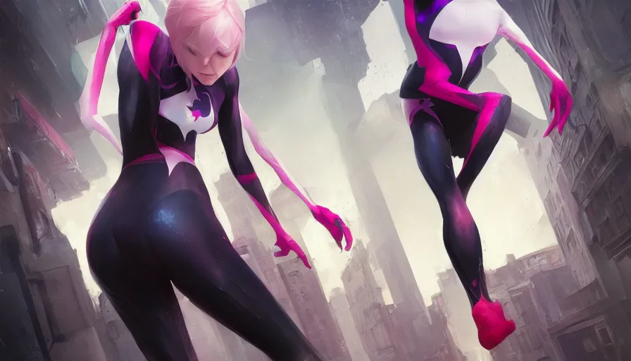 Image similar to Spider-Gwen digital art, ultra detailed, ultra realistic, art by greg rutkowski, trending on artstation