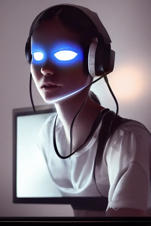 Prompt: gamer girl playing a game on her computer, portrait shot of her face lit up by the monitor, wearing gaming headset, hyperrealistic, trending on artstation, intricate detail, dark atmosphere, dynamic lighting