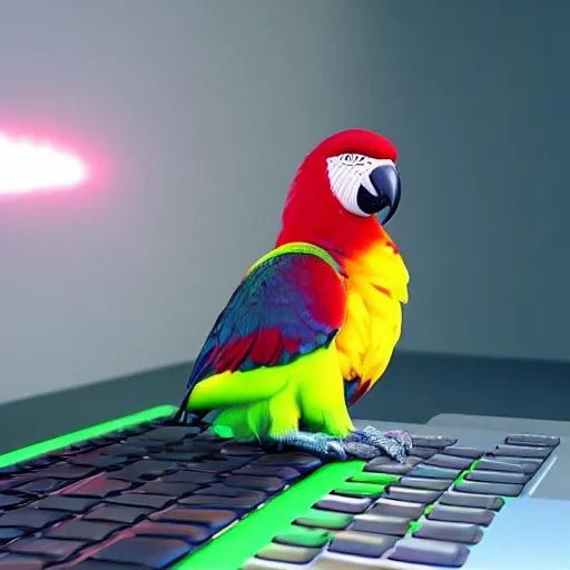 Image similar to “parrot using its beak to type on a keyboard, hd, volumetric lighting, photorealistic, octane render, photo, trending on artstation, flickr”