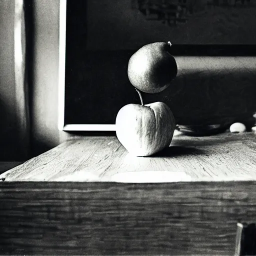 Image similar to A collodion-styled photograph of a surrealist scene of an apple in a room with some strange objects scattered around, shallow depth of field, wide-angle lens