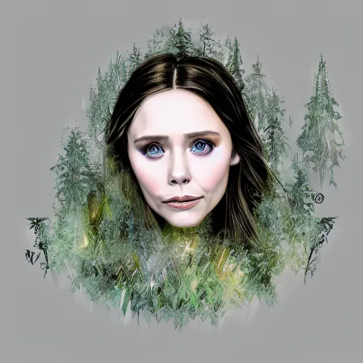 Image similar to Elizabeth Olsen as a nymph, mystical forest, digital art