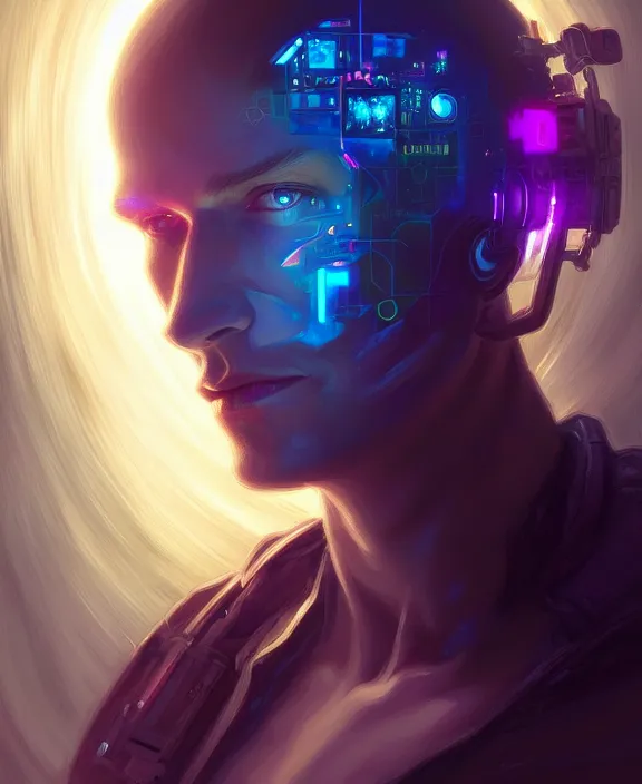 Image similar to a whirlwind inside the metaverse, guy, male, man, hologram, half body, neurochip, android, cyborg, cyberpunk face, by loish, d & d, fantasy, intricate, elegant, highly detailed, colorful, digital painting, artstation, concept art, art by artgerm and greg rutkowski and alphonse mucha