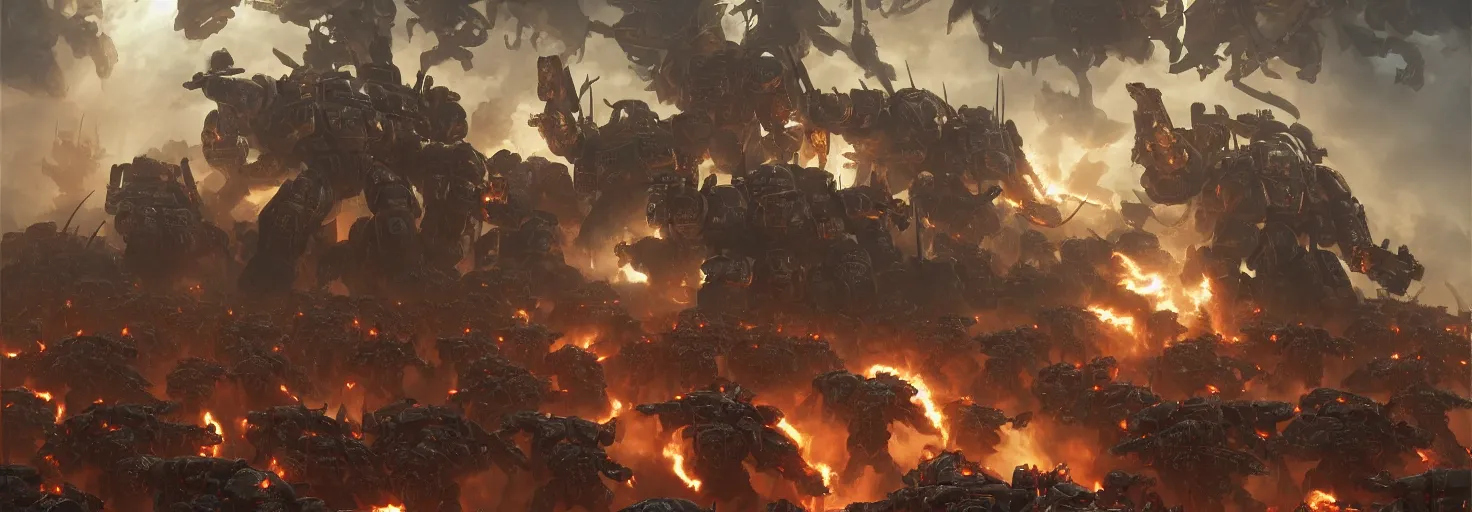 Image similar to an army of 4 0 k space marine fighting demons, epic shot, cinematic lighting, 8 k, octane render, ultra detailed, art by artgerm and greg rutkowski and alphonse mucha, artstation