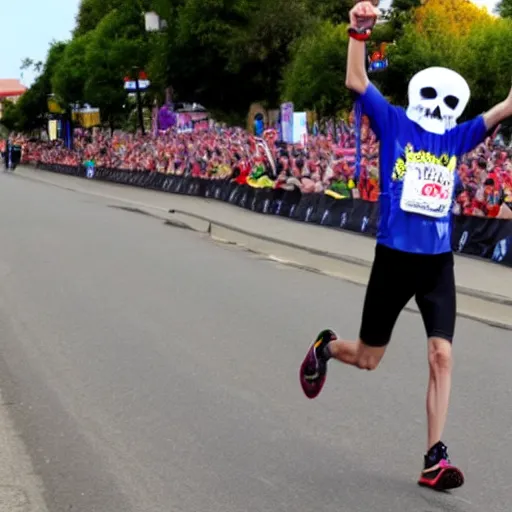 Prompt: A skeleton winning a marathon