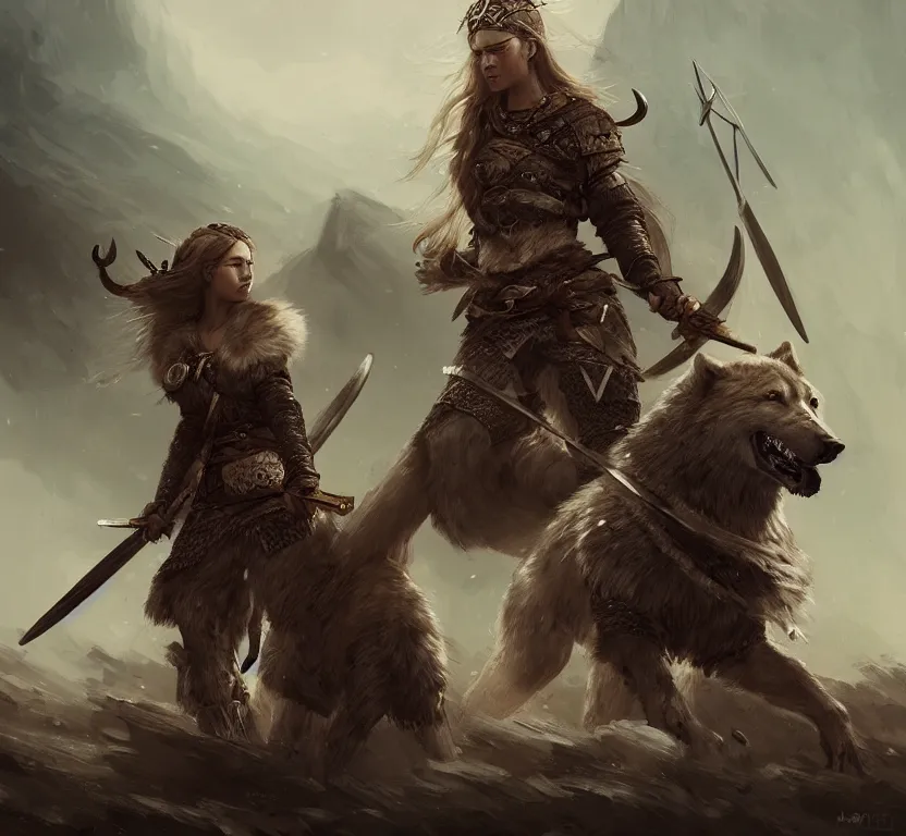 Image similar to a gorgeous!! woman resembling alicia vikander as a viking warrior accompanied by a dire wolf on the battlefield surrounded by the fallen | drawn by wlop, drawn by jeehyung lee, drawn by argerm | intricate, highly detailed, ultra graphics, digital painting, artstation