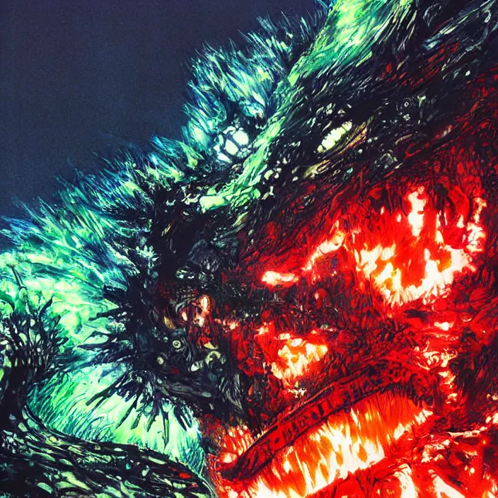 Prompt: godzilla _ painting, glowing lights by greg ruthowski yoshikata amano _ yoji _ shinkawa _ alphonse _ murac _ collaborative _ artwork _ beautifully _ drawn