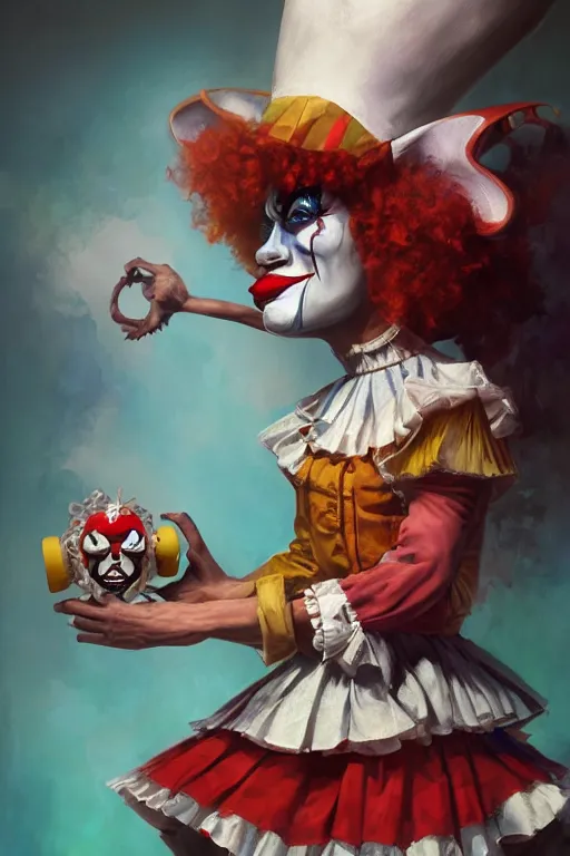 Image similar to portrait of a clown, american mcgee's alice, sharp focus, artstation, trending, by julie dillon, luis melo, tyler miles lockett, lei jin, hong lei, ken wong, adam narozanski, joy ang