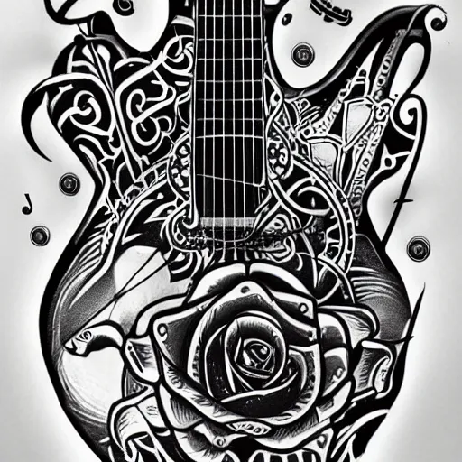 Image similar to Shark and guitar, roses and coins on the background, design in the Maori style for a tattoo