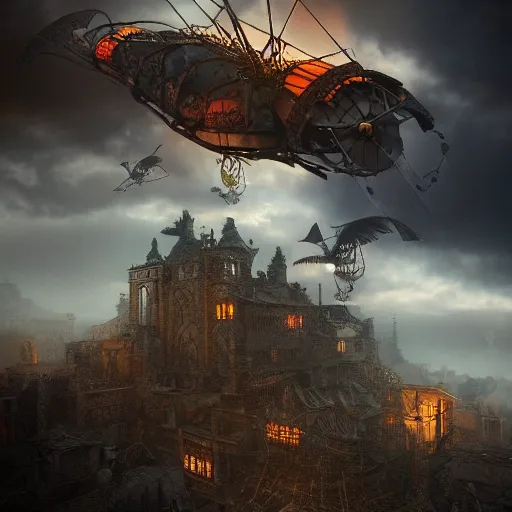 Prompt: a flying steampunk fortress, intricate, behrens style, octane render, fantasy digital art, beautiful composition, trending on artstation, night, red lightning, storm!!!, dramatic lighting,