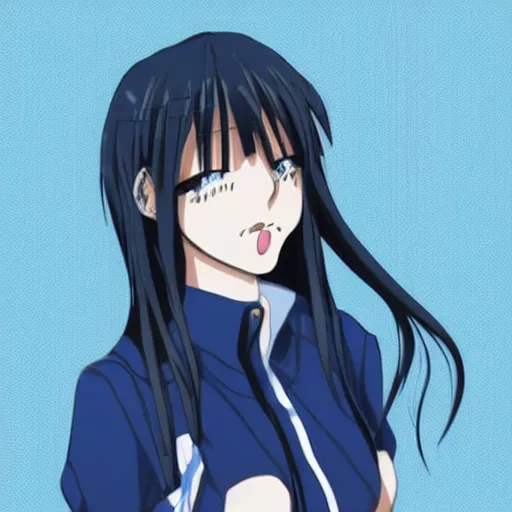 Prompt: Ami is a 14 year old anime girl who has short, very dark blue hair that reaches her neck, and dark blue eyes. She stands at about 157 cm or 5 feet 2 inches. She is shy and wears trendy clothes