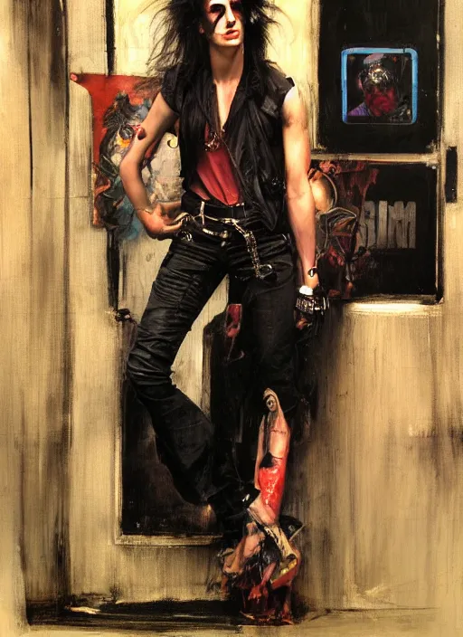 Image similar to androgynous glam rocker outside cbgb in the style of phil hale, sfumato Orientalist portrait by john william waterhouse and James Gurney and Theodore Ralli and Nasreddine Dinet, oil on canvas. Cinematic, hyper realism, realistic proportions, dramatic lighting, high detail 4k