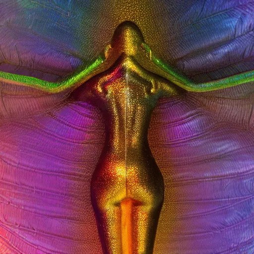 Image similar to brown woman wearing a shiny dragonfly armor. shimmering. iridiscent. thin - film interference. super detailed. layered. textured. award winning. dispersion of light. refracted lighting. soft. fragile. vunerable. extremely photorealistic. 8 k