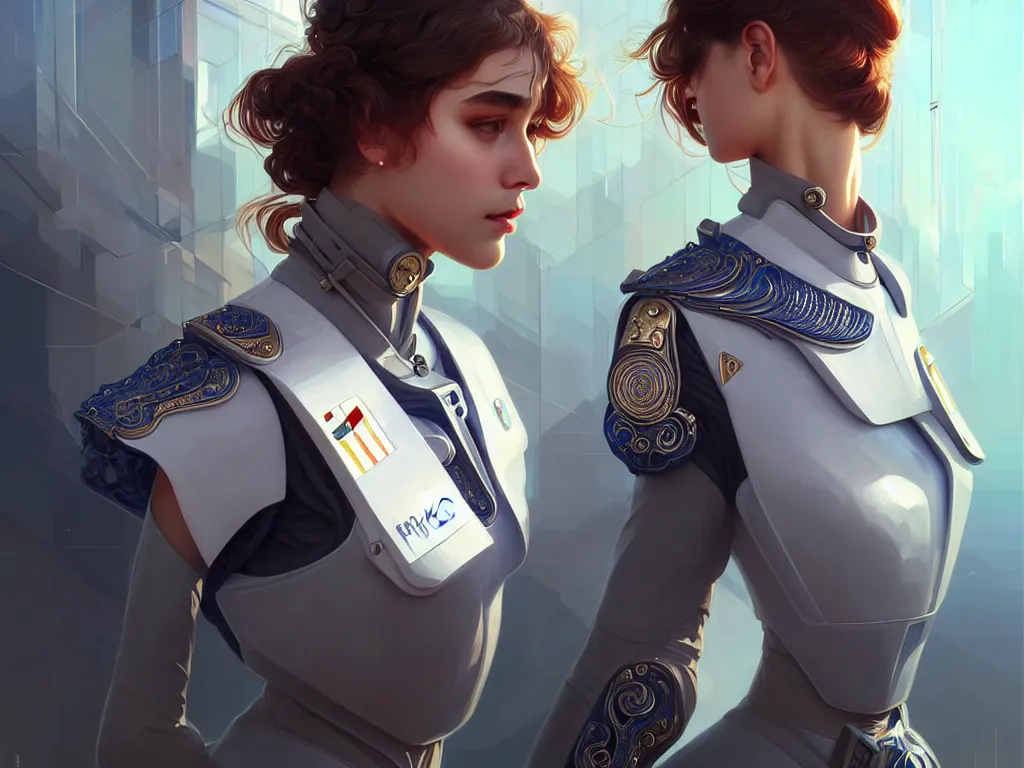 Prompt: portrait futuristic portugal police uniform girl, at future neon light rooftop, ssci - fi and fantasy, intricate and very very beautiful and elegant, highly detailed, digital painting, artstation, concept art, smooth and sharp focus, illustration, art by tan zi and ayanamikodon and alphonse mucha and wlop