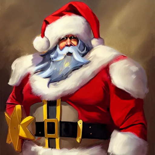 Image similar to greg manchess portrait painting of fully armored santa claus as overwatch character, medium shot, asymmetrical, profile picture, organic painting, sunny day, matte painting, bold shapes, hard edges, street art, trending on artstation, by huang guangjian and gil elvgren and sachin teng