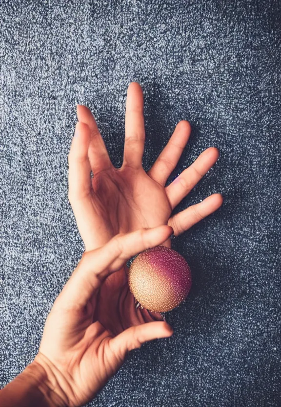 Image similar to an instagram photo of one ultra detailed woman's palm held against the floor, instagram photo, studio photo