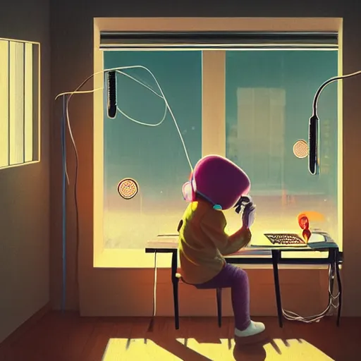 Prompt: a little girl with headphone by yoshitomo nara, in her room, 1 9 8 0, retrofuturism, clean, window, cat, bookself, vase, desk, at night, dramatic lighting, alien technology, detailed by simon stalenhag