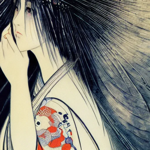 Image similar to yoshitaka amano blurred and dreamy realistic illustration of a japanese woman with black eyes, wavy white hair fluttering in the wind wearing cloak and elden ring armor with engraving, abstract patterns in the background, satoshi kon anime, noisy film grain effect, highly detailed, renaissance oil painting, weird portrait angle, blurred lost edges, three quarter view