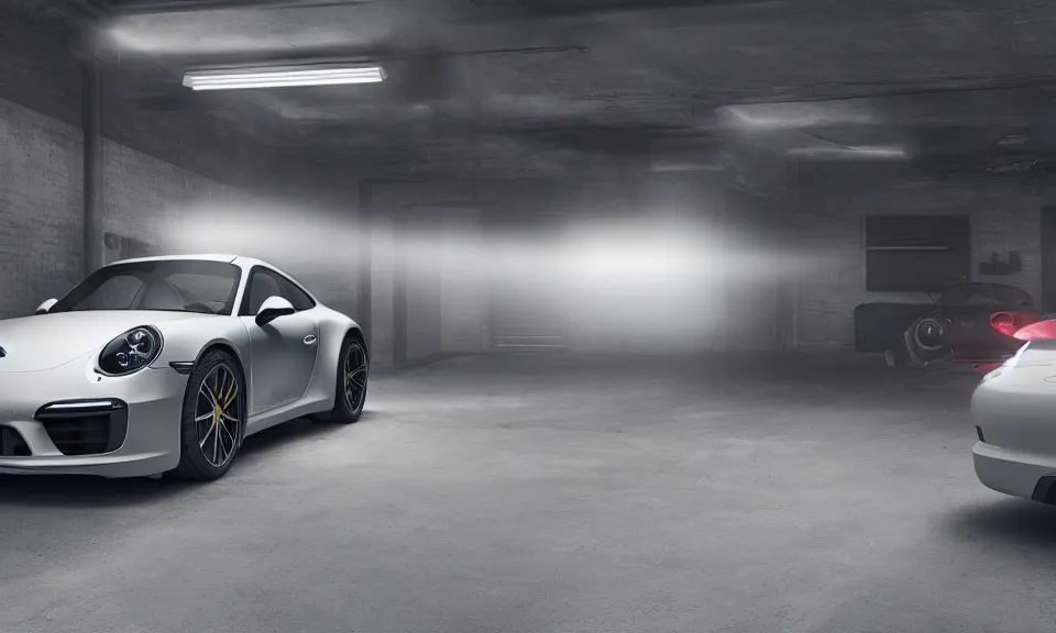 Prompt: photo of a porsche 911 standing in a garage, mist, volumetric light, cinematic lighting, octane render, 4k