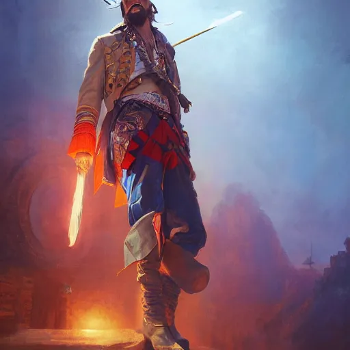 Prompt: portrait of a pirate in a technicolor suit, in front of an audience, dramatic light, gorgeous view, depth, high detail, digital art, painted by greg rutkowski and vogue, trending on artstation