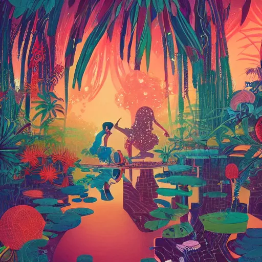 Image similar to disco diffusion painting of the jungle by victo ngai and malika favre, by rhads, makoto shinkai, madgwick, masterpiece, contest award winner