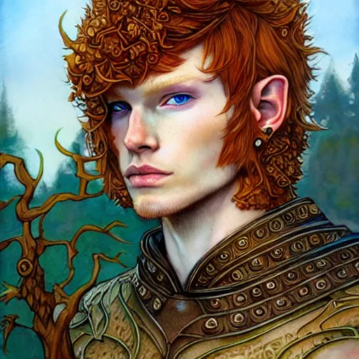 Prompt: portrait painting of an elven young man with short ginger hair and tree tattoos on his cheeks wearing fur armor, sharp focus, award - winning, trending on artstation, masterpiece, highly detailed, intricate. art by rebecca guay