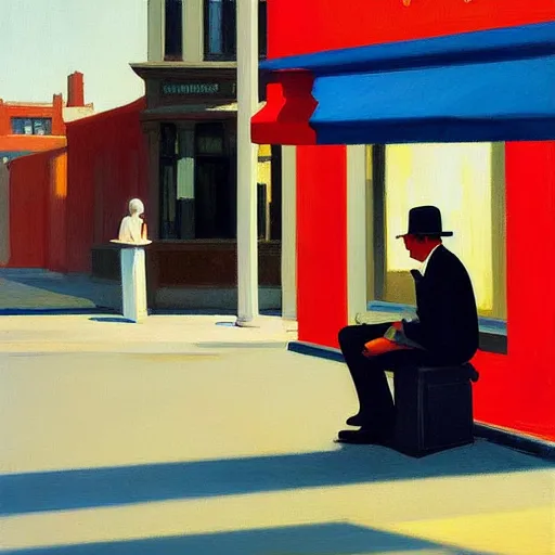 Prompt: painting of a businessman sitting in the street like a homeless person. by edward hopper and james gilleard