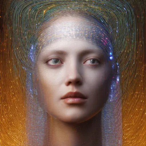 Image similar to portrait of a woman, covered in transparent cloth, glowing streaks of light, plastic, glowing eyes, flat background, Masterpiece, glowing, wires everywhere, by Edgar Maxence and Ross Tran, Zdzisław Beksiński, and Michael Whelan, distant, gustav dore, H.R. Giger, 8k, octane render