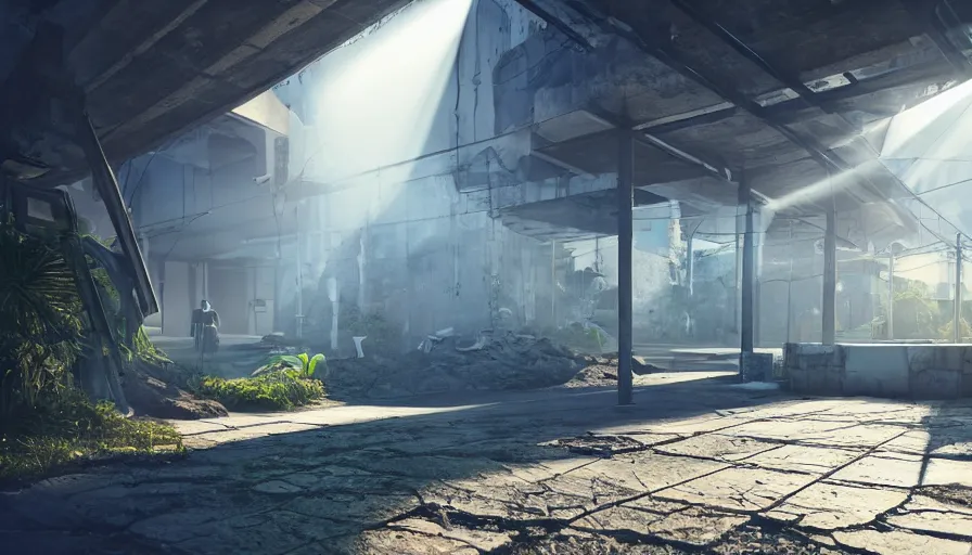 Image similar to Bright Beams of Light Shoot out of cracks in the ground, Futuristic Favela, Hyperrealistic Rendering, Photorealism, Raytracing, Anamorphic Lens, Artstation