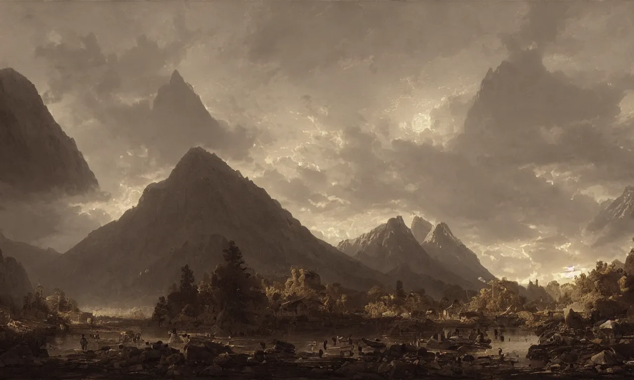 Prompt: great hall under the mountain, in the far distance a red glow. andreas achenbach, zack snyder, tokujin yoshioka