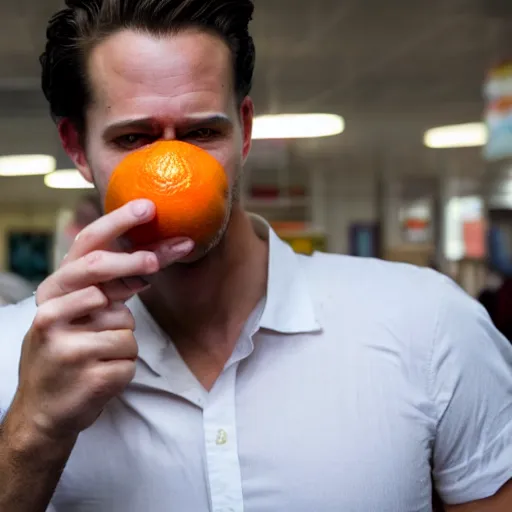 Image similar to a photo of a suprised holding an orange, the man's face can be seen in the photo, his eyes are more open, looking at the viewer, his mouth is open, he is holding the orange in his hand.