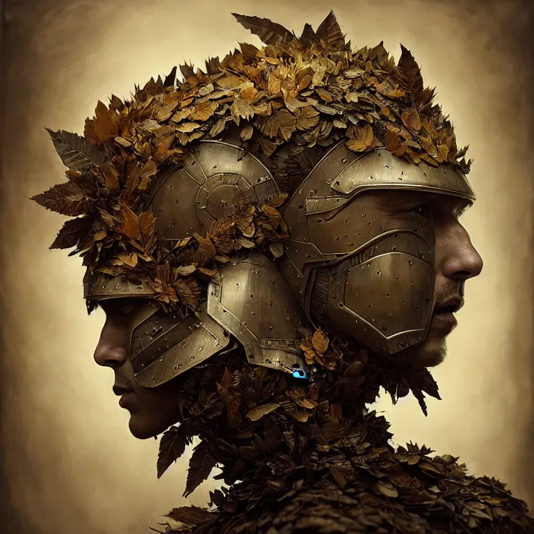 Prompt: old tintype portrait of a realistic armour made of leaves, no face, dramatic light, dystopian environment, intricate, elegant, highly detailed, centered headdress, artstation, concept art, sharp focus, artgerm, tomasz alen kopera, peter mohrbacher, donato giancola, joseph christian leyendecker, wlop, boris vallejo