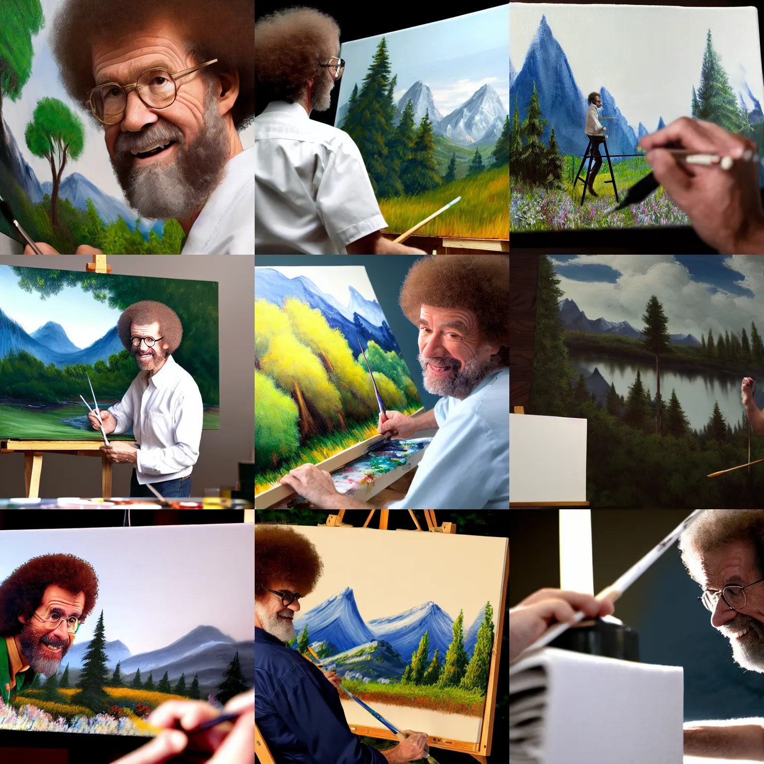 Prompt: a closeup photorealistic photograph of bob ross working on a canvas painting of massimo bottura. film still. brightly lit scene. mountains and trees. this 4 k hd image is trending on artstation, featured on behance, well - rendered, extra crisp, features intricate detail, epic composition and the style of unreal engine.